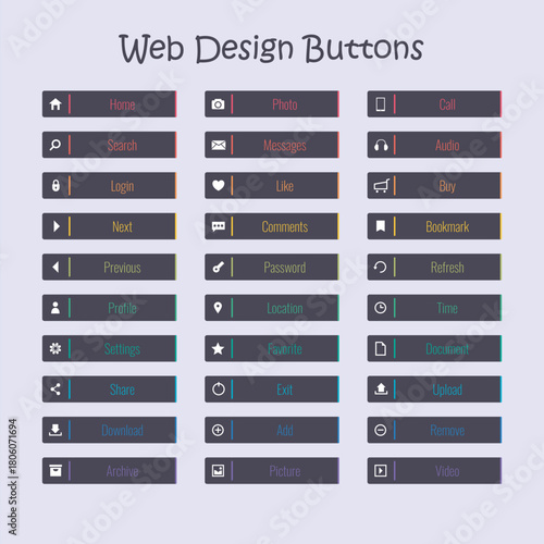 Vibrant flat design web buttons collection for user interface elements