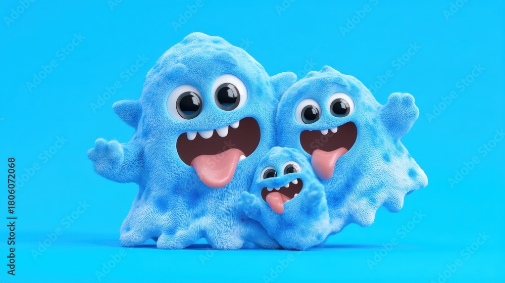 Obraz premium Cute Cartoon Blue Monsters with Big Eyes and Happy Expressions