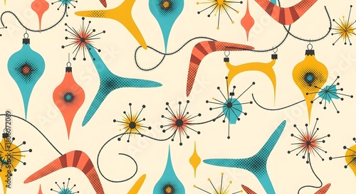 Retro Mid-Century Christmas Ornament Seamless Pattern with Colorful Baubles, Stars, Boomerangs, and Garlands on Beige Background Vector Illustration