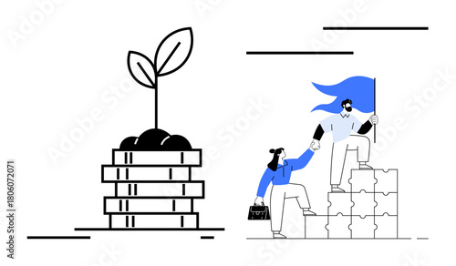 Plant growing on stacked coins paired with team climbing puzzles holding a flag highlights teamwork, growth, leadership, innovation, investment, collaboration, and vision. Bold, simple flat metaphor