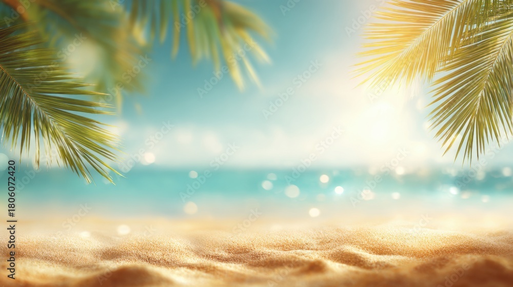 Fototapeta premium Palm trees frame a tranquil beach scene where golden sand meets a sparkling blue ocean. Bright sunlight creates a peaceful atmosphere perfect for relaxation.