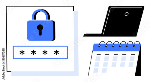 Lock with password field, open laptop, and calendar represent online security, work planning, and organization. Ideal for cybersecurity, productivity, time tracking, scheduling technology privacy