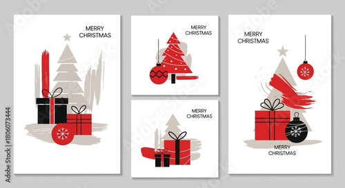 Festive Christmas Card Designs with Abstract Elements Gifts, Trees, and Ornaments for Holiday Greetings