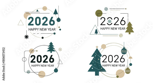 Set of stylish New Year 2026 designs with festive elements, perfect for holiday greetings and celebrations