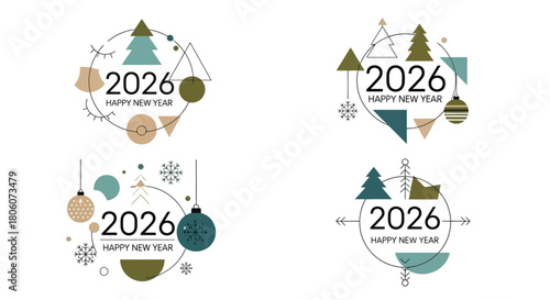 Elegant New Year 2026 Celebration Designs - Festive Geometric Badges for Greetings