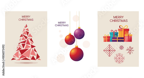Festive Holiday Season Abstract Christmas Tree, Ornaments, and Gift Boxes on Beige Backgrounds