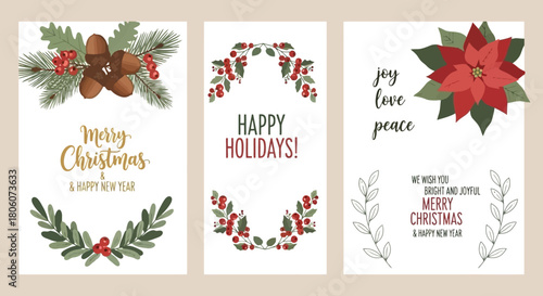 Festive Holiday Greetings Christmas and New Year's Card Designs Featuring Poinsettias and Foliage