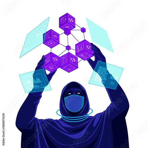 A mysterious hooded figure manipulates a complex network of glowing data blocks and holographic interfaces, symbolizing advanced technological development and digital security.