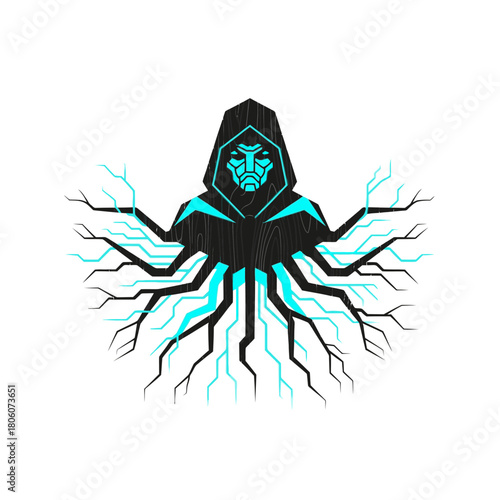 A mysterious hooded figure with a glowing cyan face emerges from intricate, dark tree roots, symbolizing hidden power and ancient wisdom.