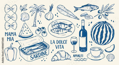 Traditional Italian and Mediterranean Food Illustration Set Hand Drawn Doodles Line Art Collection