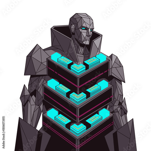 This striking geometric illustration depicts a powerful humanoid robot with a glowing data processing unit integrated into its chest armor.