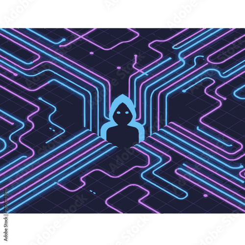An anonymous hooded figure emerges from a complex, glowing digital network, symbolizing cybersecurity threats, data breaches, and the intricate world of online hacking.