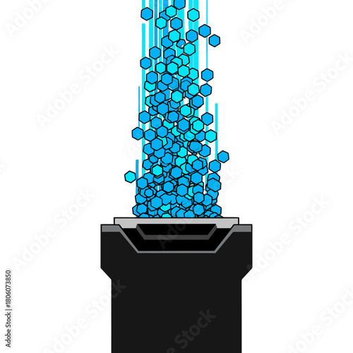 A futuristic black device emits a vibrant vertical stream of glowing blue hexagonal particles, symbolizing data flow, energy transfer, or technological innovation.