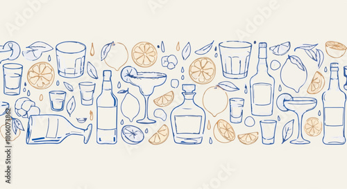 Seamless vector border of hand drawn cocktail drinks, liquor bottles, and citrus fruits doodle pattern