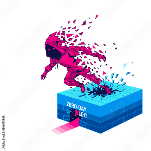 A vibrant digital illustration portrays a hooded figure disintegrating into particles while emerging from a "ZERO-DAY EXPLOIT" box, symbolizing cybersecurity breaches and data vulnerability.