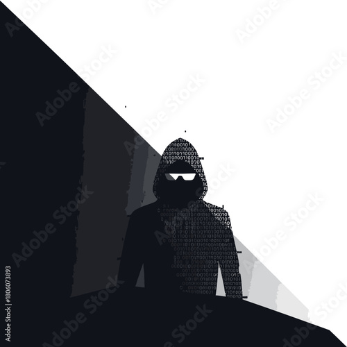 An enigmatic hooded individual with dark glasses stands silhouetted against a stark background, symbolizing the complex world of digital security and hidden identities.