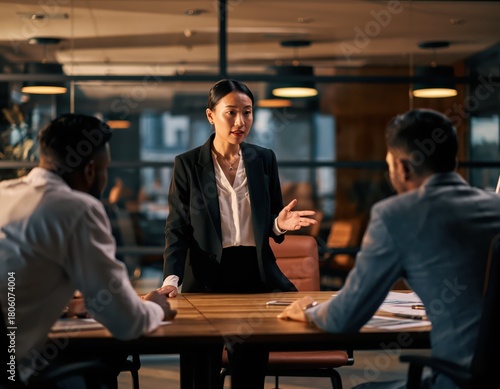 Businesswoman Delivering Compelling Sales Pitch to Clients in Office