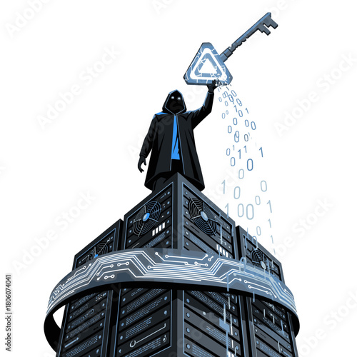 A mysterious hooded hacker stands atop towering server racks, wielding a digital key that unlocks sensitive data, symbolizing a critical cybersecurity breach and data theft.