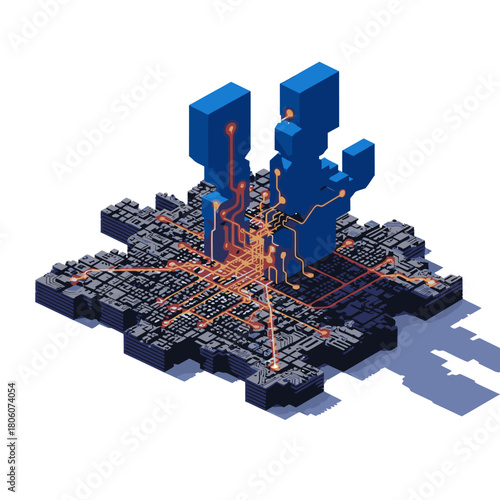 An intricate isometric digital landscape portrays a smart city's interconnected infrastructure, with glowing data streams linking abstract architectural forms on a complex grid.