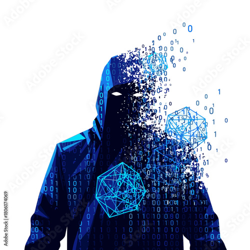 A mysterious hooded figure disintegrates into a cascade of binary code and glowing geometric shapes, representing digital identity, data, and cybersecurity.