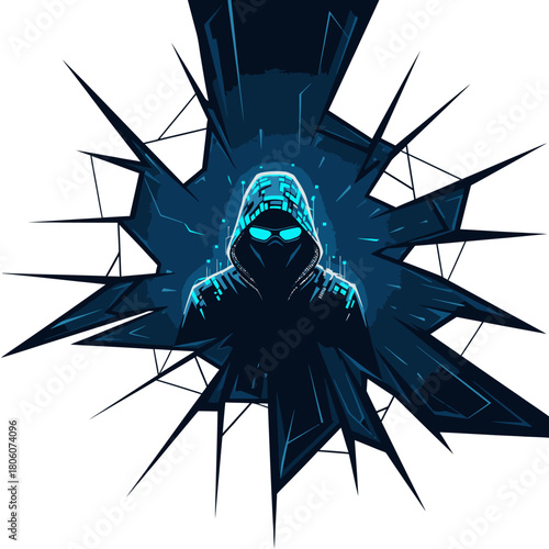 An enigmatic digital hacker, cloaked in shadow with luminous blue eyes, breaches a fractured screen, representing online security vulnerabilities.