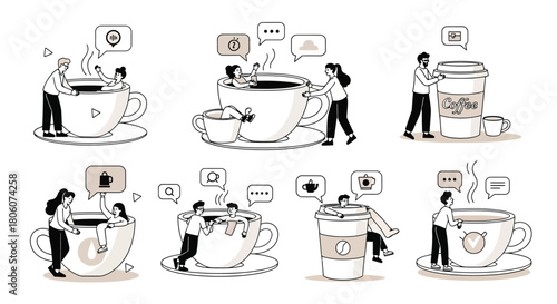 Coffee Culture People enjoying coffee in various settings and mugs, chat bubbles