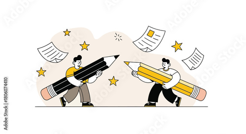 Creative Collaboration Two Individuals Writing with Large Pencils and Floating Documents