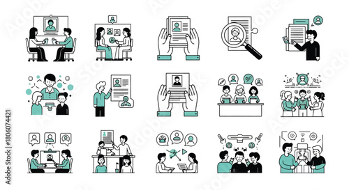 Set of Various Hiring and Recruitment Icons for Business, Employment, and Career Concepts