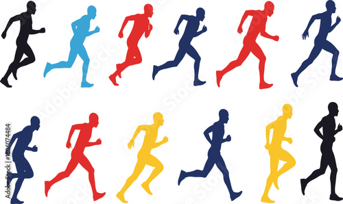 “Running person silhouettes in multiple colors, motion sequence illustration, athletic exercise vector design, sports science, biomechanics, physical education concept”