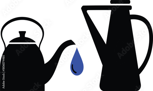 “Two teapot kettle silhouettes facing each other, blue water droplet design, traditional and modern styles, vector illustration, kitchen, beverage symbol”