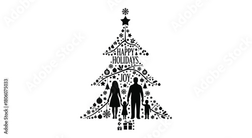 Black silhouette christmas tree filled with festive ornaments and family figures celebrating holidays