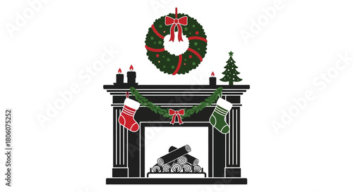 Festive christmas fireplace scene with wreath stockings candles and decorated mantle
