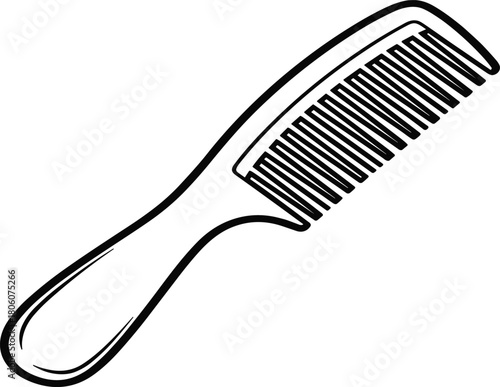 Black and white line drawing comb illustration, grooming tool with handle and teeth, simple stylized vector design for hair care concept