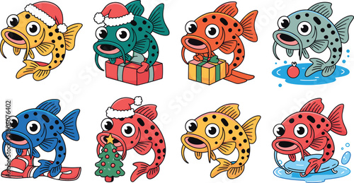Collection of eight cartoon fish characters in various festive and playful poses with Christmas and winter themes