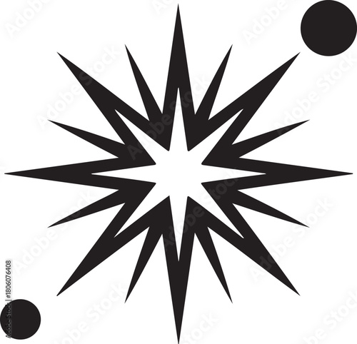 Black abstract starburst or explosion shape with two small circles on a white background symbol