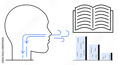 Human profile showing airflow during breathing, an open book symbolizing knowledge, and bar charts representing data analysis. Ideal for education, science, research, health, learning, communication