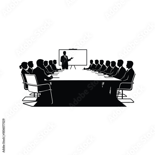 Business meeting in a boardroom with a presenter at a whiteboard and attendees seated around a large table