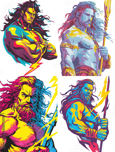 Bold pop art portraits of thunder god characters holding lightning. Muscular poses, flowing hair, and dramatic colors create a powerful myth inspired illustration.