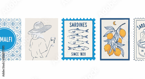 Hand drawn Mediterranean travel and food vintage stamp vector collection