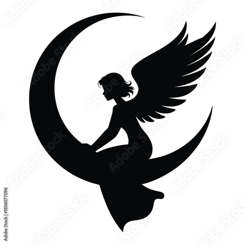 Angel sitting on crescent moon Vector, Silhouette, Illustration