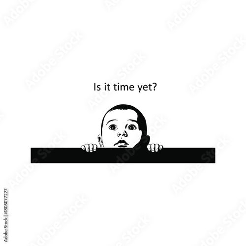 Curious baby peeking over a black surface asking is it time yet with a questioning expression