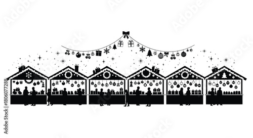 Silhouette of charming christmas market stalls decorated with festive ornaments and lights under a snowy sky
