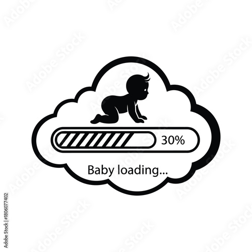 Cute silhouette of a baby crawling on a loading bar indicating thirty percent completion with text baby loading