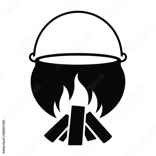 Cauldron with firewood underneath Vector, Silhouette, Illustration