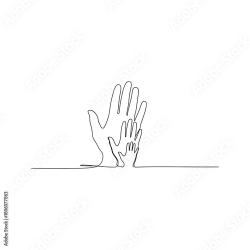 Minimalist continuous line drawing of three hands of different sizes stacked together symbolizing family unity and support