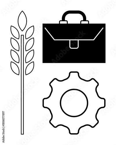 Stylized wheat, gear, and briefcase emphasize farming, corporate growth, and industrial progress. Ideal for agribusiness, innovation, manufacturing, sustainability economy strategy