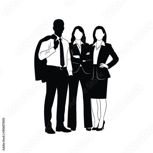 Professional business team silhouette of three people standing together in formal attire on white background