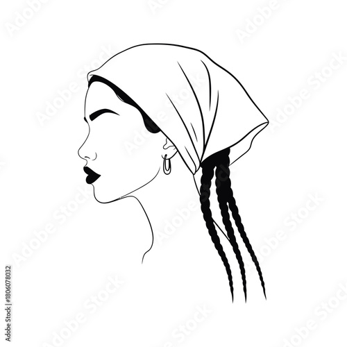 Minimalist black and white line art profile of a woman wearing a headscarf and braids