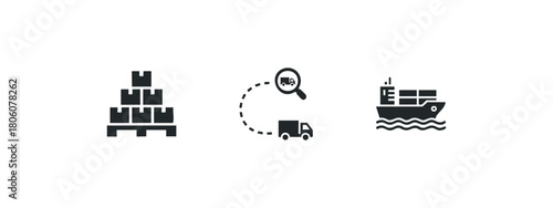 Collection of icons representing logistics, including stacked cargo boxes, a truck and magnifying glass for tracking, and a cargo ship at sea