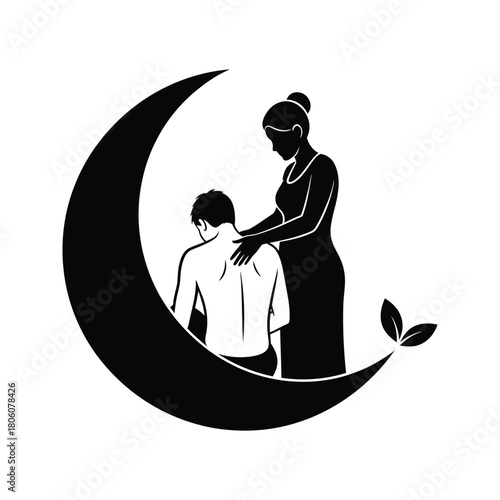 Silhouette of a woman giving a therapeutic massage to a man sitting on a crescent moon with leaves
